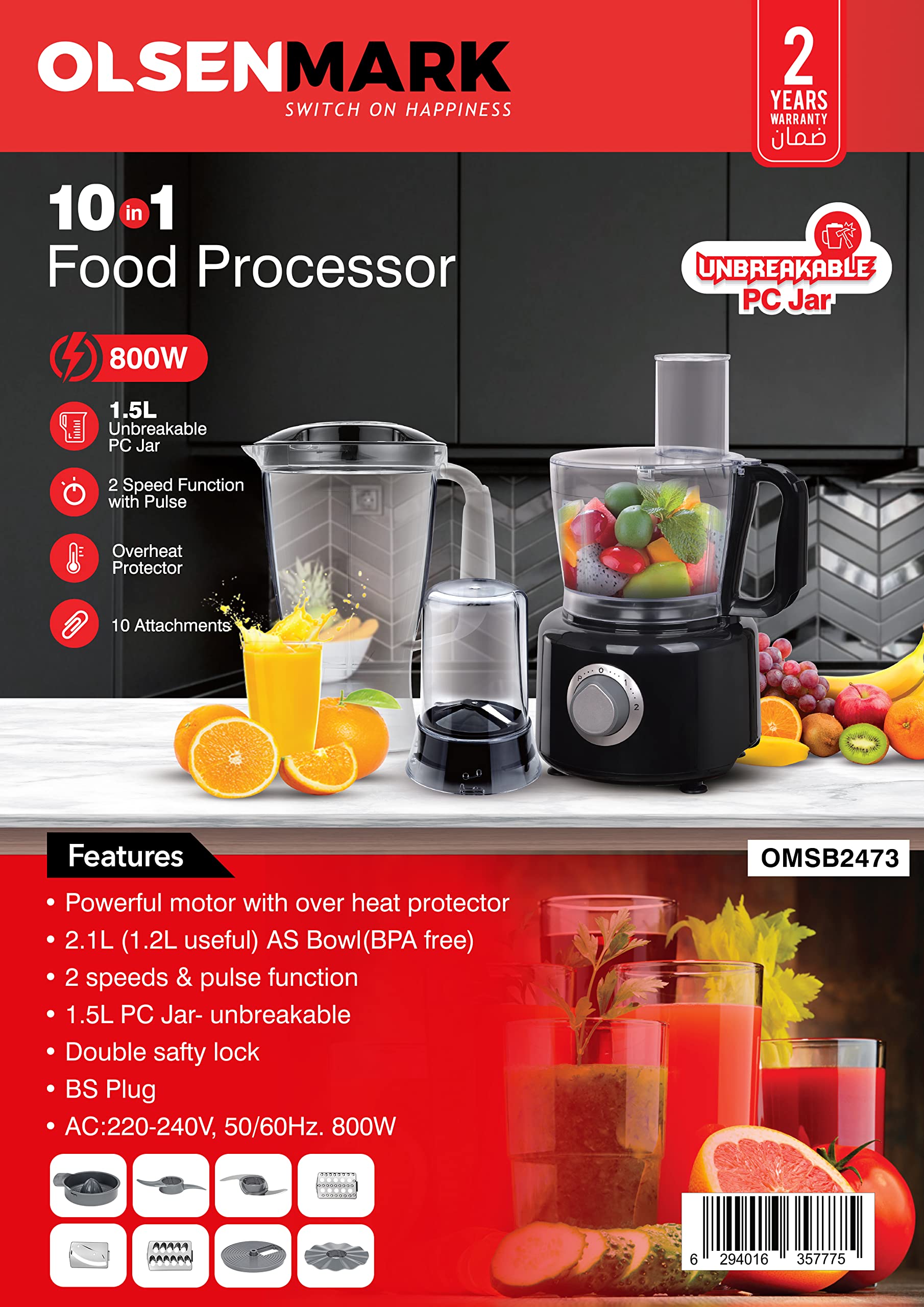 Olsenmark 10 in 1 Food Processor, 1.5L Unbreakable PC Jar, 2 Speed Settings with Pulse Function 10 Attachments Overheat Protection & Double Safety Lock BS Plug, multi color اولسين مارك محضر طعام 10 في 1، وعاء من البولي كربونات غير قابل للكسر سعة 1.5 لتر Olsenmark 10 in 1 Food Processor, 1.5L Unbreakable PC Jar, 2 Speed Settings with Pulse Function 10 Attachments Overheat Protection & Double Safety Lock BS Plug, multi color اولسين مارك محضر طعام 10 في 1، وعاء من البولي كربونات غير قابل للكسر سعة 1.5 لتر